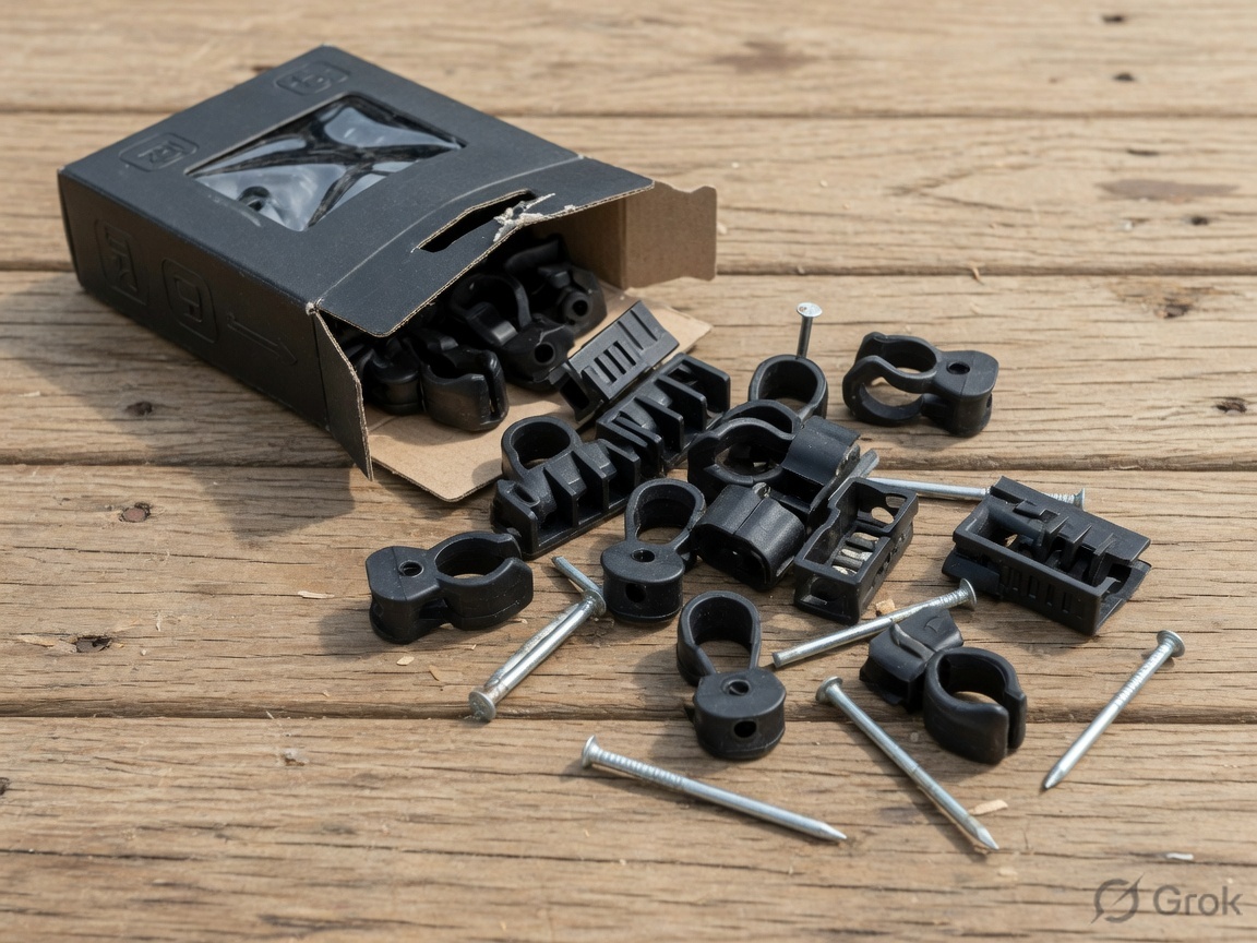 Black outdoor cable clips and nails spilled from a small carton on a wood board