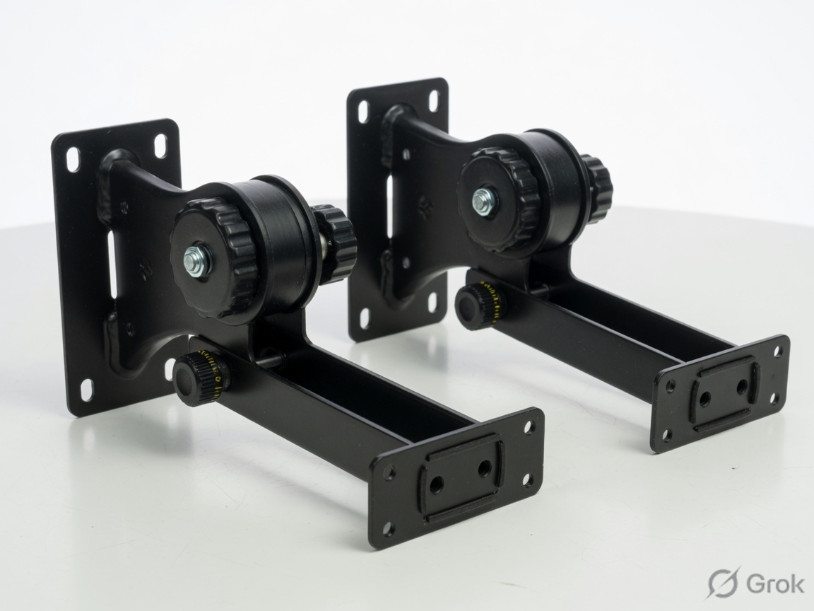 Pair of black metal speaker wall brackets with tilt knobs, empty, no speakers
