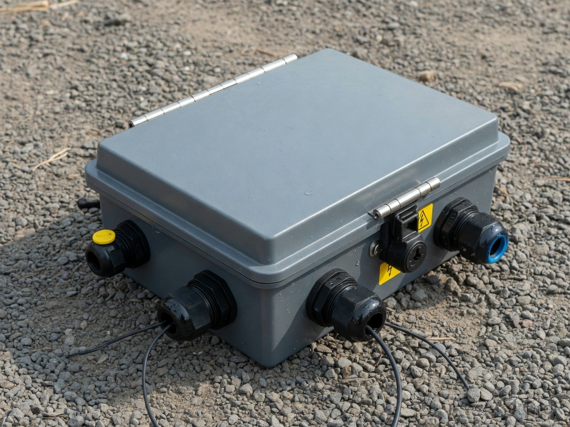 Gray hinged outdoor weatherproof box with cable glands on gravel